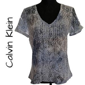 CALVIN KLEIN Blue/Silver Snakeskin Print Quick Dry V-Neck, Size Medium